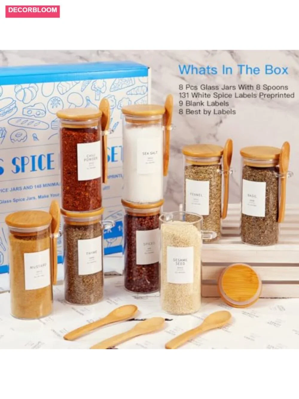 8 Glass Jars with Bamboo Lids & Spoons - 10 oz Spice Jars with Labels for